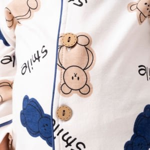 Kadın Anne Ekru Kahve Laci Biyeli Smile Yazılı Ayıcık Desenli Kruvaze Yaka Pijama Takımı