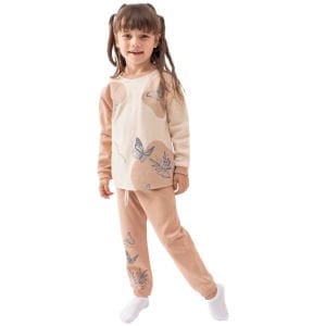 Kız Çocuk Kahve Bej Kelebek Baskılı 2'li Pijama Takımı