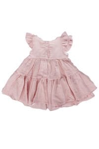 Kız Çocuk Pembe Sarı Simli Fiyonklu Müslin Elbise