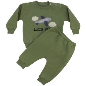 Erkek Bebek Yeşil Uçak Nakışlı Üç İp 2'li Takım