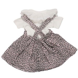 Kız Çocuk Beyaz Pembe Leopar Desenli Fiyonklu Kot Salopet Jile Elbise