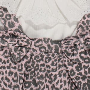 Kız Çocuk Beyaz Pembe Leopar Desenli Fiyonklu Kot Salopet Jile Elbise