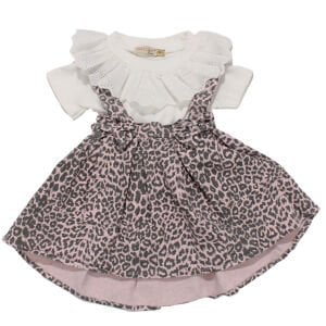 Kız Çocuk Beyaz Pembe Leopar Desenli Fiyonklu Kot Salopet Jile Elbise