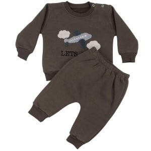 Erkek Bebek Kahve Uçak Nakışlı Üç İp İkili Takım