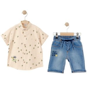 Erkek Çocuk Bej Summer Palmiye Baskılı Kot Şortlu 2'li Takım