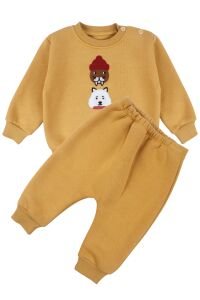 Erkek Bebek Sarı Bereli Hayvanlı Üç İp İkili Takım