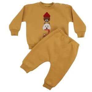 Erkek Bebek Sarı Bereli Hayvanlı Üç İp İkili Takım