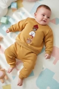 Erkek Bebek Sarı Bereli Hayvanlı Üç İp İkili Takım