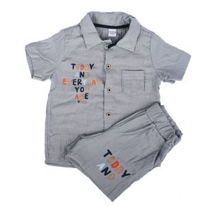 Erkek Çocuk Gri Today Baskılı Düğmeli Müslin Şortlu 2'li Takım