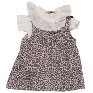 Kız Çocuk Beyaz Pembe Leopar Desenli Tek Fiyonklu Kot Elbise