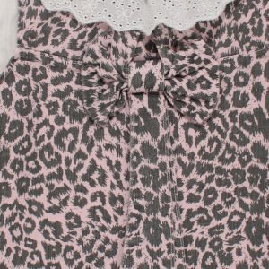 Kız Çocuk Beyaz Pembe Leopar Desenli Tek Fiyonklu Kot Elbise