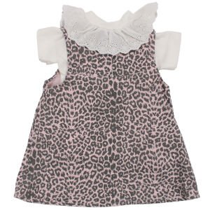 Kız Çocuk Beyaz Pembe Leopar Desenli Tek Fiyonklu Kot Elbise