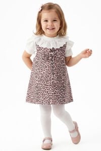Kız Çocuk Beyaz Pembe Leopar Desenli Tek Fiyonklu Kot Elbise