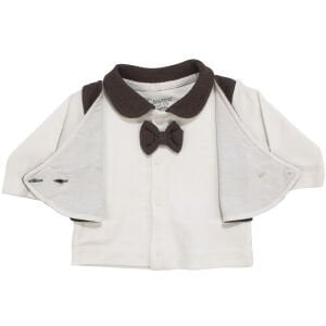 Erkek Bebek Ekru Kahve Papyonlu Şapkalı Kendinden Yelekli Beş Parça Hastane Çıkış Seti