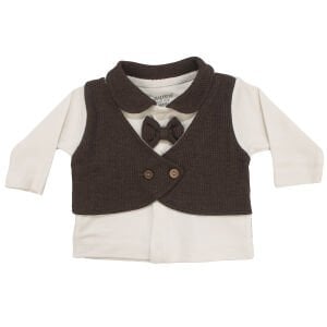 Erkek Bebek Ekru Kahve Papyonlu Şapkalı Kendinden Yelekli Beş Parça Hastane Çıkış Seti