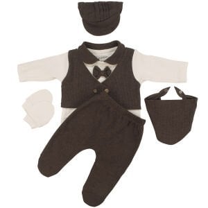 Erkek Bebek Ekru Kahve Papyonlu Şapkalı Kendinden Yelekli Beş Parça Hastane Çıkış Seti