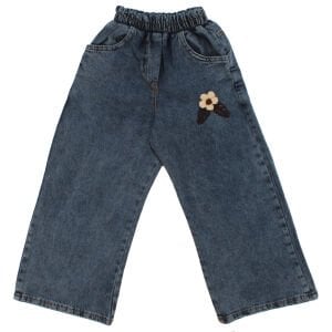 Kız Çocuk Pembe Mavi Çiçek Nakışlı Kot Pantolonlu İkili Takım