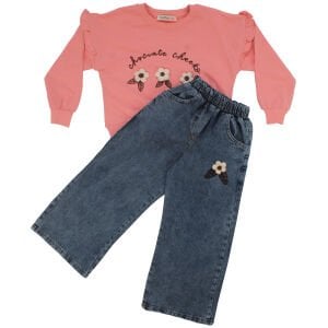 Kız Çocuk Pembe Mavi Çiçek Nakışlı Kot Pantolonlu 2'li Takım