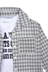 Unisex Ekru Siyah Ekoseli Gömlekli Şortlu 3'lü Takım