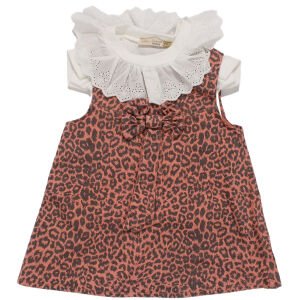 Kız Çocuk Beyaz Kiremit Leopar Desenli Tek Fiyonklu Kot Elbise