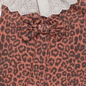 Kız Çocuk Beyaz Kiremit Leopar Desenli Tek Fiyonklu Kot Elbise