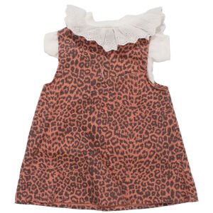 Kız Çocuk Beyaz Kiremit Leopar Desenli Tek Fiyonklu Kot Elbise