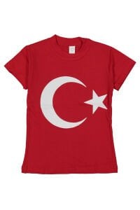Kırmızı Üzerine Beyaz Ay Yıldız 23 Nisan Kısa Kollu Çocuk Bayrak T-shirt