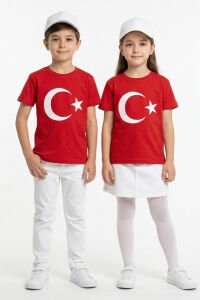 Kırmızı Üzerine Beyaz Ay Yıldız 23 Nisan Kısa Kollu Çocuk Bayrak T-shirt