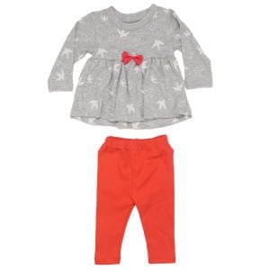 Kız Bebek Gri Narçiçeği Kuş Desenli 2'li Takım
