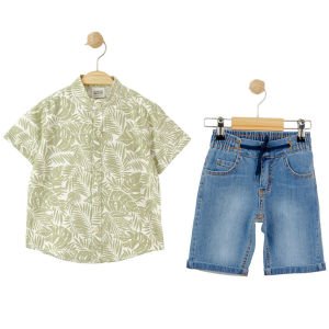 Erkek Çocuk Yeşil Yaprak Baskılı Mavi Kot Şort 2'li Takım