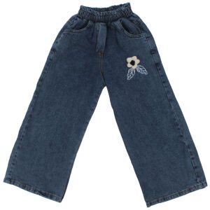 Kız Çocuk Siyah Mavi Çiçek Nakışlı Kot Pantolonlu İkili Takım