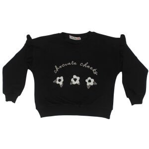 Kız Çocuk Siyah Mavi Çiçek Nakışlı Kot Pantolonlu İkili Takım