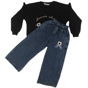 Kız Çocuk Siyah Mavi Çiçek Nakışlı Kot Pantolonlu İkili Takım