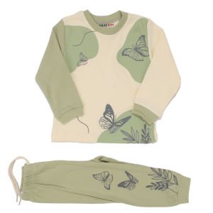 Kız Çocuk Ekru Yeşil Kelebek Baskılı 2'li Pijama Takımı