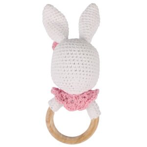 Pembe Pelerinli Beyaz Tavşan Amigurumi Çıngırak