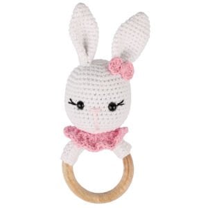 Pembe Pelerinli Beyaz Tavşan Amigurumi Çıngırak