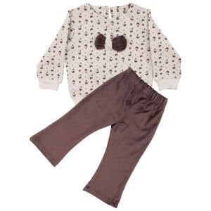 Kız Bebek Ekru Kahve Kadife Pantolonlu Kelebek Desenli İkili Takım