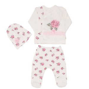 Kız Bebek Beyaz Güllü Kanaviçe Nakışlı 3'lü Pijama Takımı 0-3 Ay