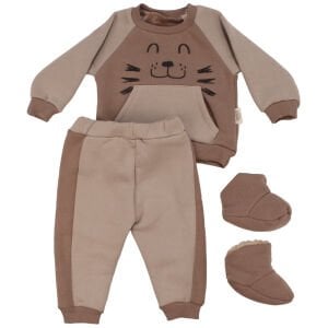Erkek Bebek Kahve Aslan Nakışlı Cepli Panduflu Üç İp Üçlü Takım