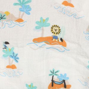 Erkek Bebek Bej Ekru  Palmiye Aslan Desenli Tişörtlü Müslin  Salopetli Takım