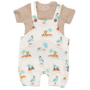 Erkek Bebek Bej Ekru  Palmiye Aslan Desenli Tişörtlü Müslin  Salopetli Takım