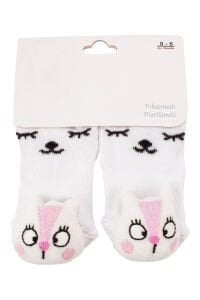 Kız Bebek Beyaz Kedili Oyuncaklı Çorap 0-6 Ay