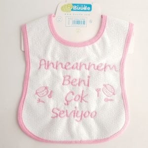 Pembe Anneannem Beni Çok Seviyor Yazılı Su Geçirmez Kız Bebek Önlüğü
