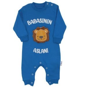 Erkek Bebek Mavi Babasının Aslanı Yazılı Çıtçıtlı Tulum