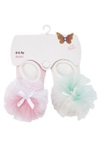 Kız Bebek Pembe Ekru Yeşil Tüllü 2'li Babet Çorap 0-6 Ay