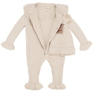 Kız Bebek Ekru Fitilli Yakalı Bereli Lüks Triko Tulum