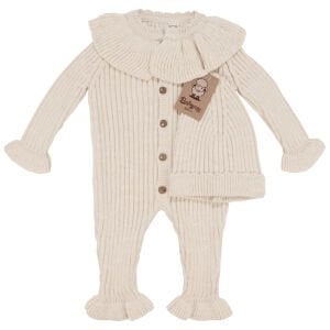 Kız Bebek Ekru Fitilli Yakalı Bereli Lüks Triko Tulum