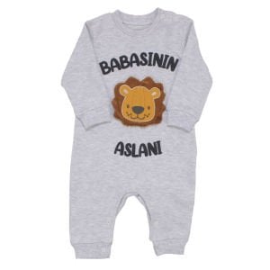 Erkek Bebek Gri Babasının Aslanı Yazılı Çıtçıtlı Tulum