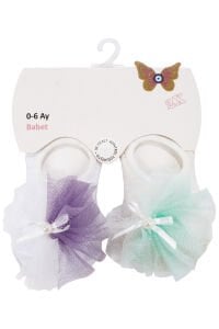 Kız Bebek Beyaz Mor Tüllü Ekru Yeşil Tüllü 2'li Babet Çorap 0-6 Ay