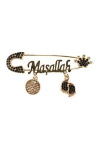 Unisex Siyah Taşlı Gold Maşallah Yazılı Bebek Yaka İğnesi